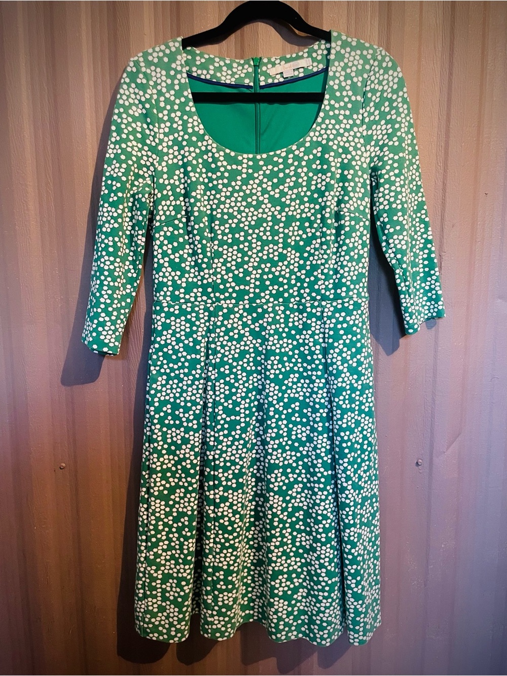 BODEN Julianna Ponte Dress 3/4 Sleeve Fit Flare US 8R Green White Midi Pockets - Picture 10 of 13